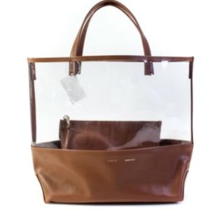Women Leather Trim Clear PVC Open Tote Handbag